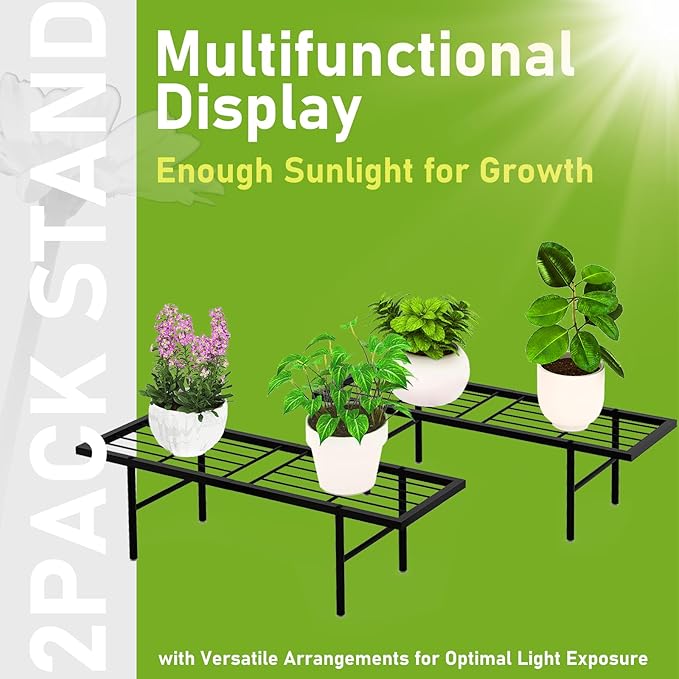 2 Pack Black Metal Plant Stands, Versatile for Indoors & Outdoors, Ideal Multi-Plant Display Rack for Windowsills, Patios, & Balconies