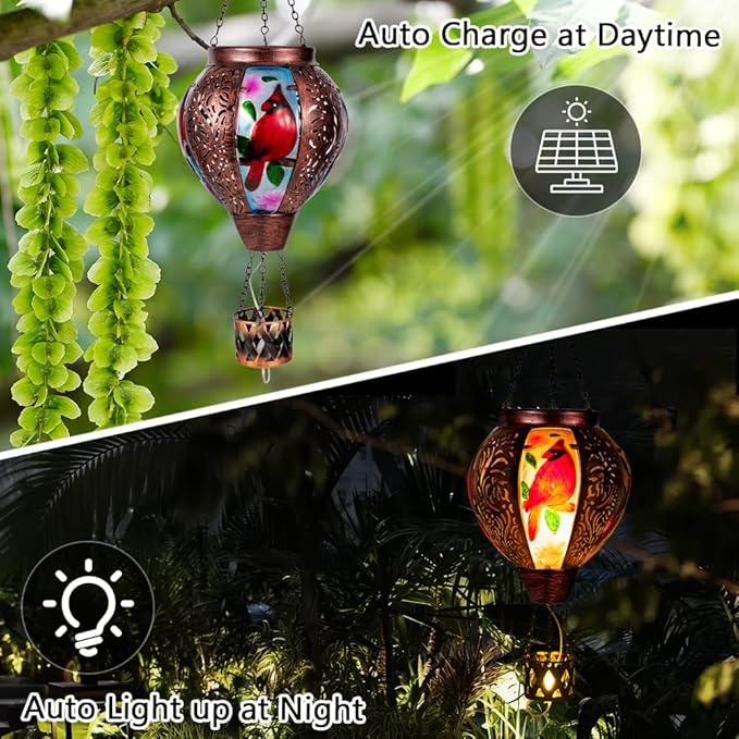 Cardinal Solar Hot Air Balloon Lantern with Flickering Flame Hanging Solar Lanterns Outdoor Waterproof,Metal Hot Air Balloon Lights for Patio Yard Party Garden Decor,Cardinal Gifts for Women