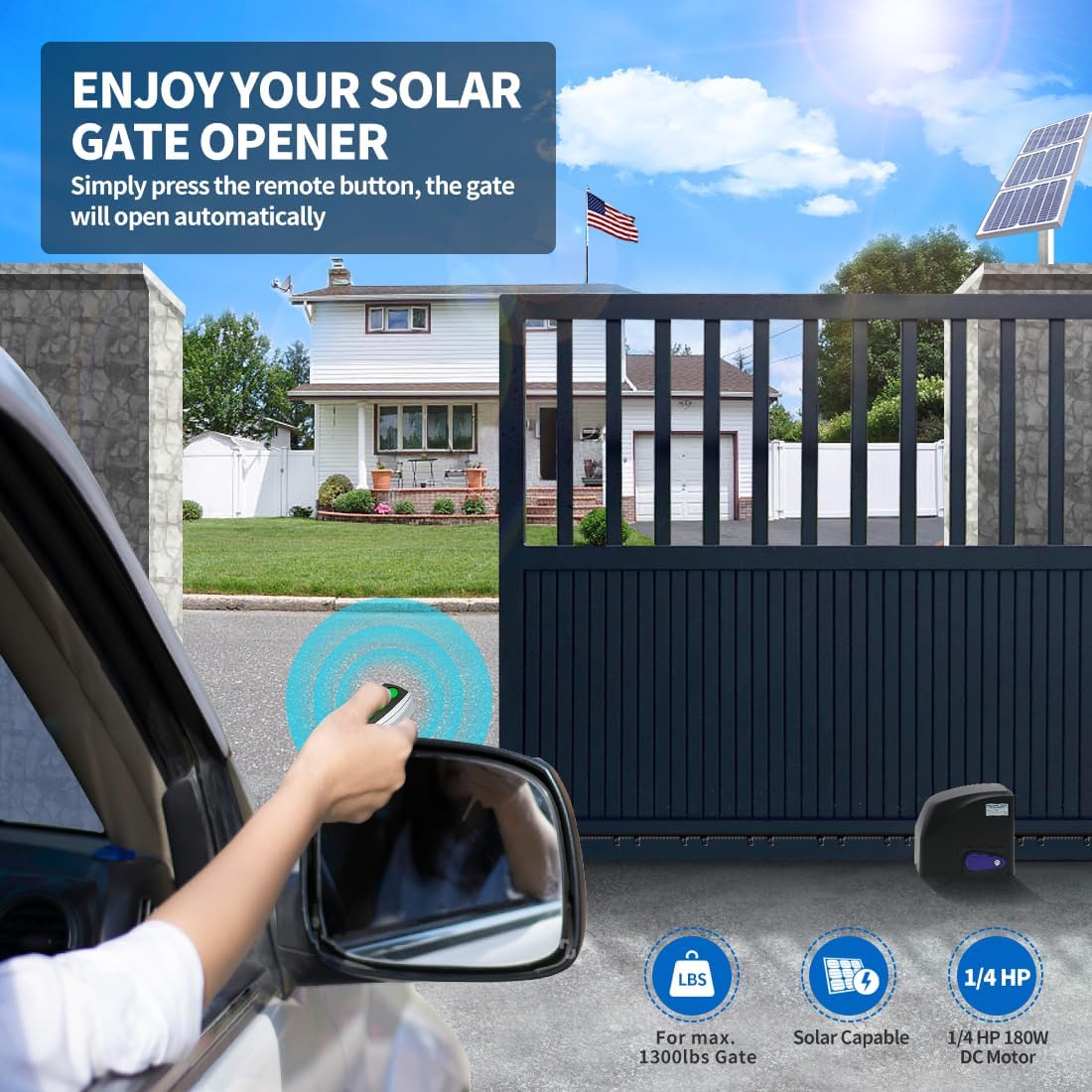 TOPENS DKR500ST Solar Sliding Gate Opener Rack Drive Automatic Gate Motor for Heavy Driveway Slide Gates Up to 1300 Pounds, Electric Gate Operator Battery Powered with Solar Panel Remote Control Kit