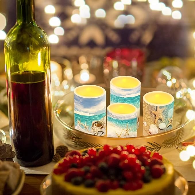 Black Flameless LED Battery Candles 4PCS Pillar Candles with 18-Key Timer Remote Colorful Light for Christmas Party Celebration Decor, Seawater Starfish