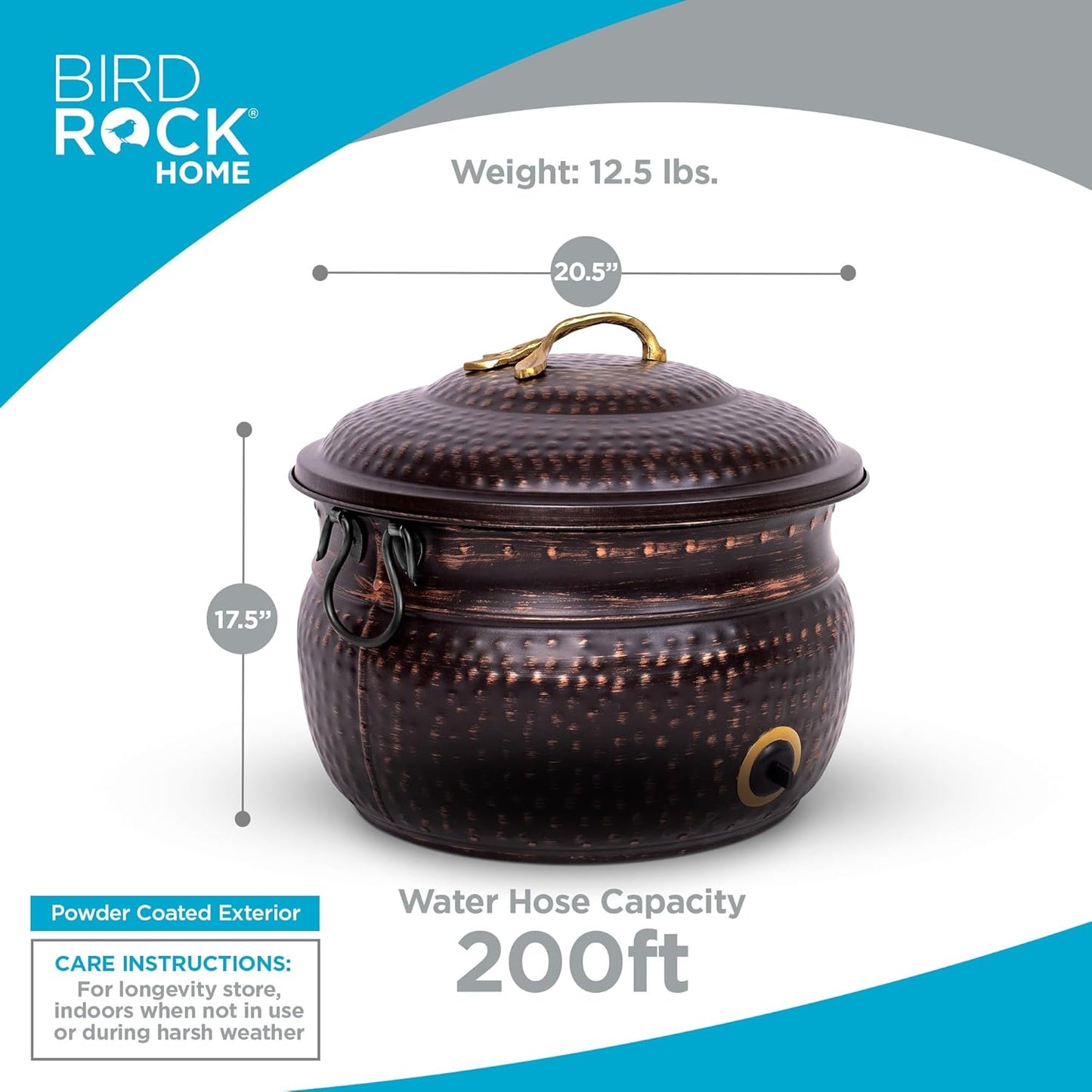BirdRock Home Water Hose Holder - Decorative Metal Pot, Indoor or Outdoor, Garden Storage Organizer, Patio Portable Bucket - Distressed Bronze, Holds up to 200ft Hoses, Large with Lid