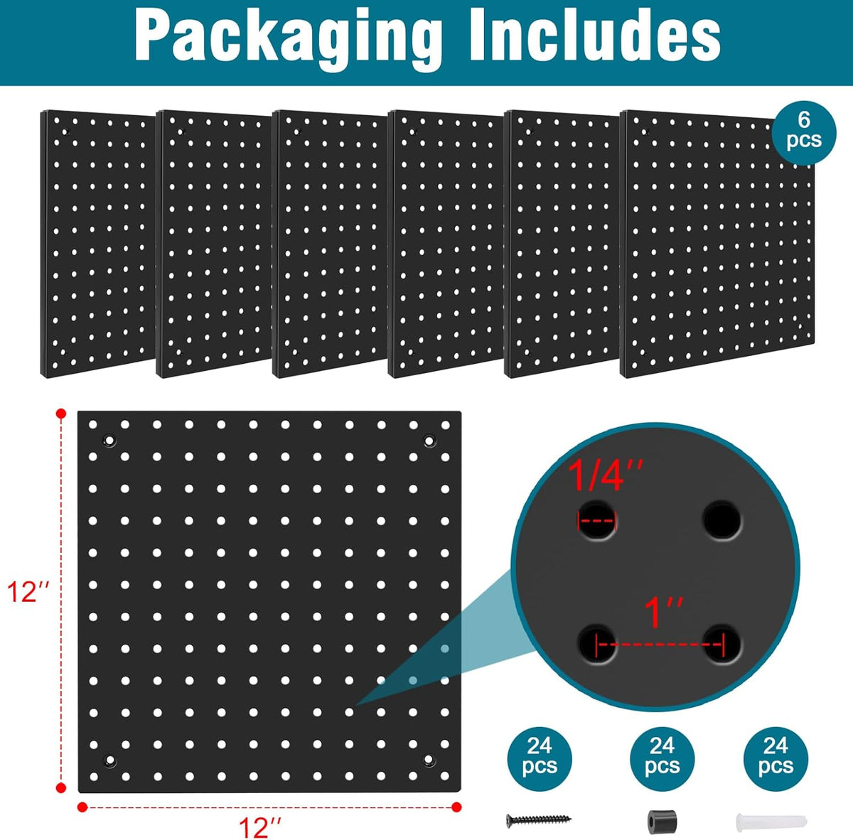 Peg Board,Steel Organization Panels, Ideal for Garage Tool Storage, Office Organization, Craft Room, Kitchen,Pack of 6(Black, 6-12X12)