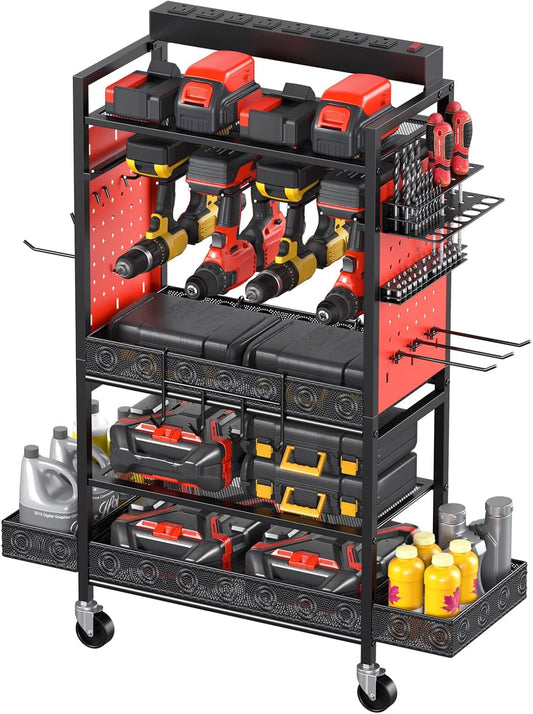 CCCEI Garage Power Tools Organizer Cart with Charging Station, Red Floor Standing Rolling Drill and Tools Battery Storage Cart on Wheels. Utility Rack Gift for Men, Husband, Father.