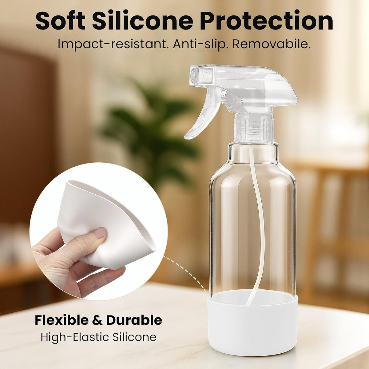 Glass Spray Bottles with Silicone Sleeve 16.9oz 2 Pack Empty Spray Bottle for Hair Mist/Stream Spraying for Cleaning Solutions, Plants, Essential Oils (clear-qblue&white)