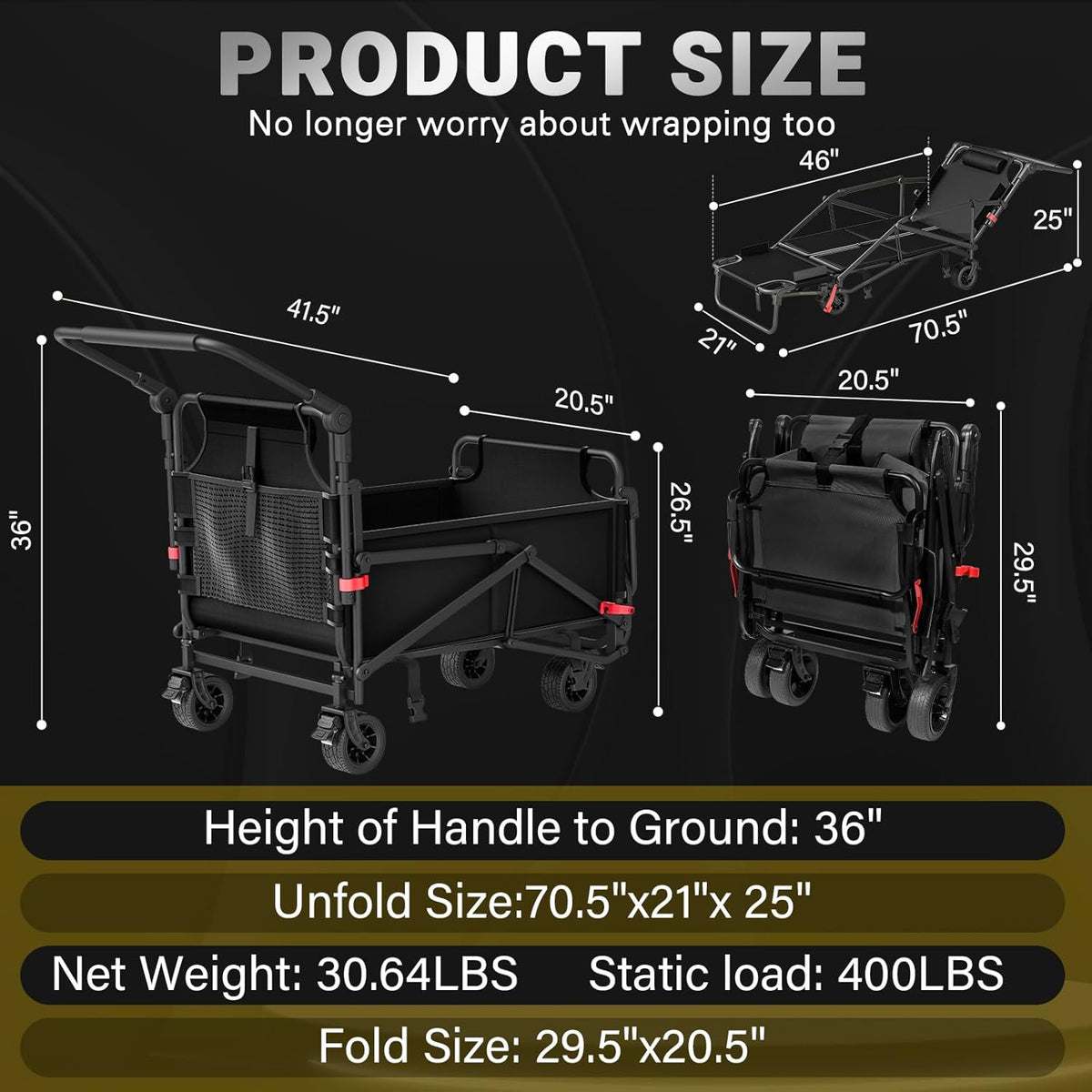 LEVELEVE Heavy Duty Folding Wagon - 2-in-1 Collapsible Cart, 400lb Capacity, All-Terrain Wheels w/Brakes & Side Pockets (Black)