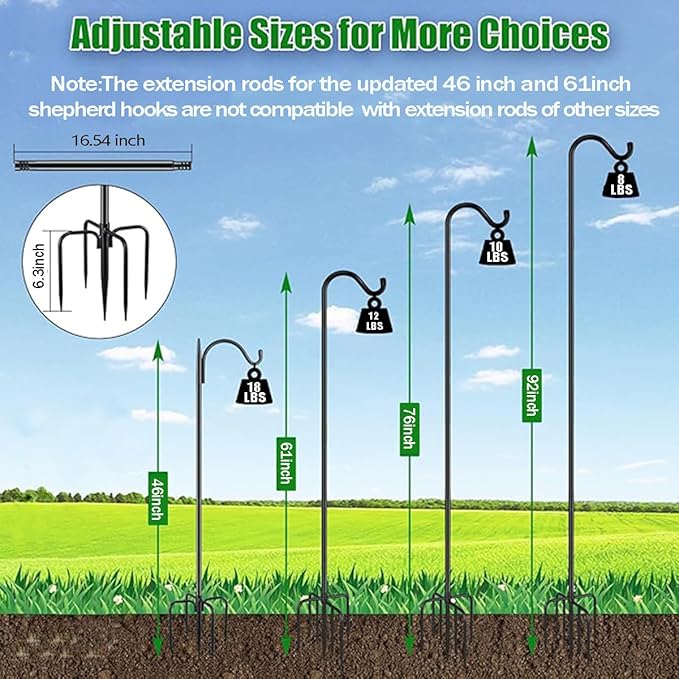 CMASTER Shepherd Hook for Outdoor, 1 Pack 92 Inch Bird Feeder Pole with 5 Prong Base Heavy Duty Adjustable Garden Hook for Hanging Plant, Hummingbird Feeder, Lantern(92 Inch)