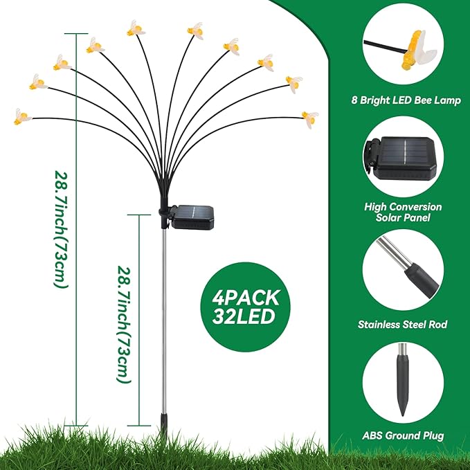 32 LED Spring Bee Garden Lights Solar Powered Honeybees Outdoor Decorations Swaying Lights Waterproof Solar Firefly Landscape Lights Warm Yellow for Pathway Yard Lawn Patio Walkway Courtyard(4Pack)