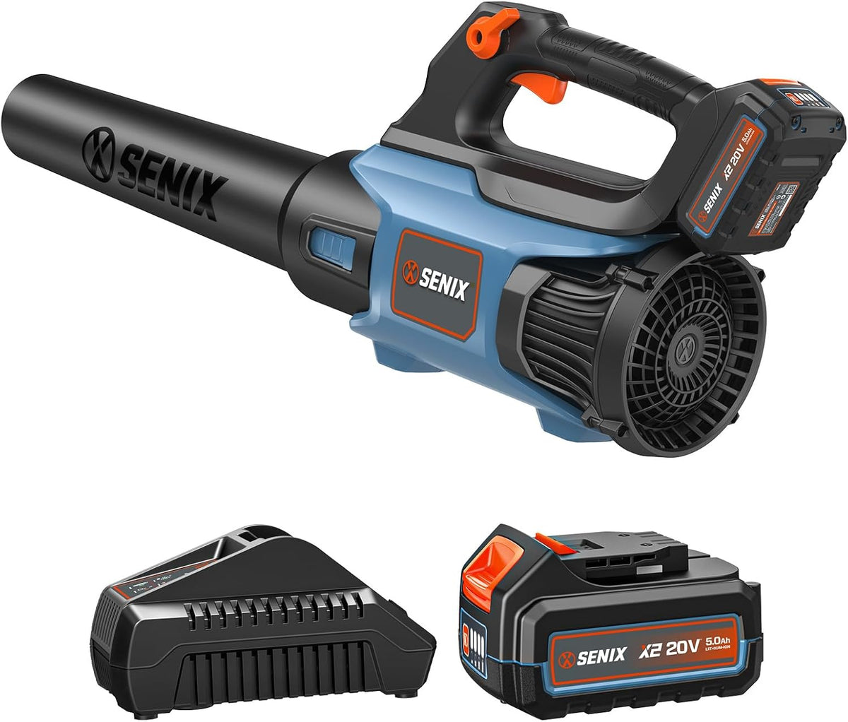 SENIX 20V Max Leaf Blower, Cordless, Brushless, Handheld, Up to 450 CFM and 100 MPH, 2 Speed Mode, Cruise Control, Lightweight, 5.0 Ah Battery and Charger Included (BLAX2-M3)