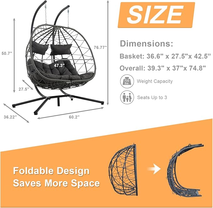 2 Person Double Egg Swing Chair with Stand Indoor Outdoor, Hammock Egg Chair Outdoor, Patio Wicker Hanging Egg Chair w/Cushion 700LBS Capacity for Bedroom, Balcony, Garden, Dark Grey