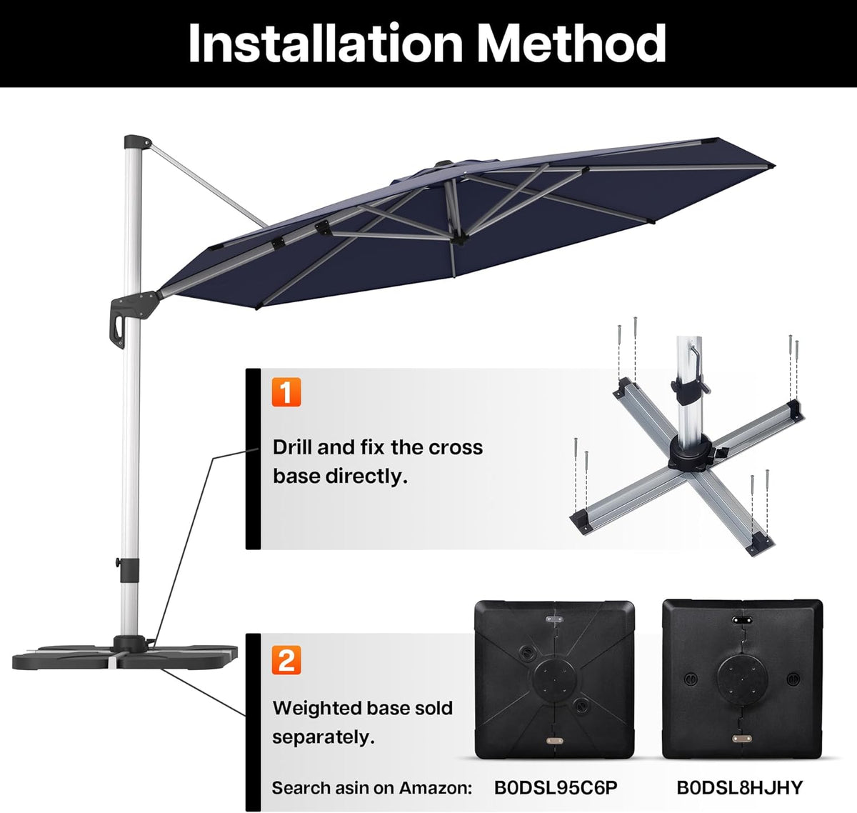 Patio Umbrella, 11FT Outdoor Cantilever Umbrella with 360-degree Rotation for Garden, Deck, Backyard, Pool and Beach, Navy Blue