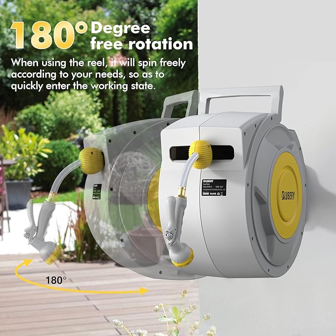 BLUBERY 5/8" x 100+6.7ft Retractable Garden Hose Reel with Slow Return System, Heavy-Duty Wall-Mounted 39.3LB, 10" Handle, 180° Swivel Bracket, Any Length Lock
