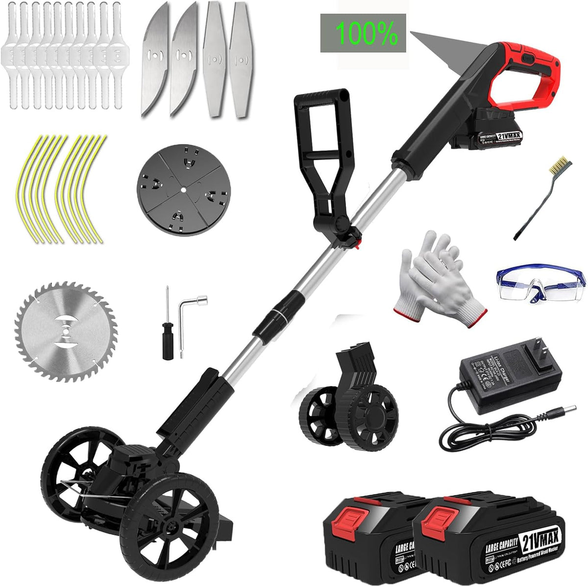 Cordless Weed Wacker Battery Powered Electric Weed Trimmer, with 2Pcs 21V Battery 5 Types Blades Lightweight Grass Trimmer Edger Lawn Tool, Push Wheeled No-String Trimmer for Garden Yard