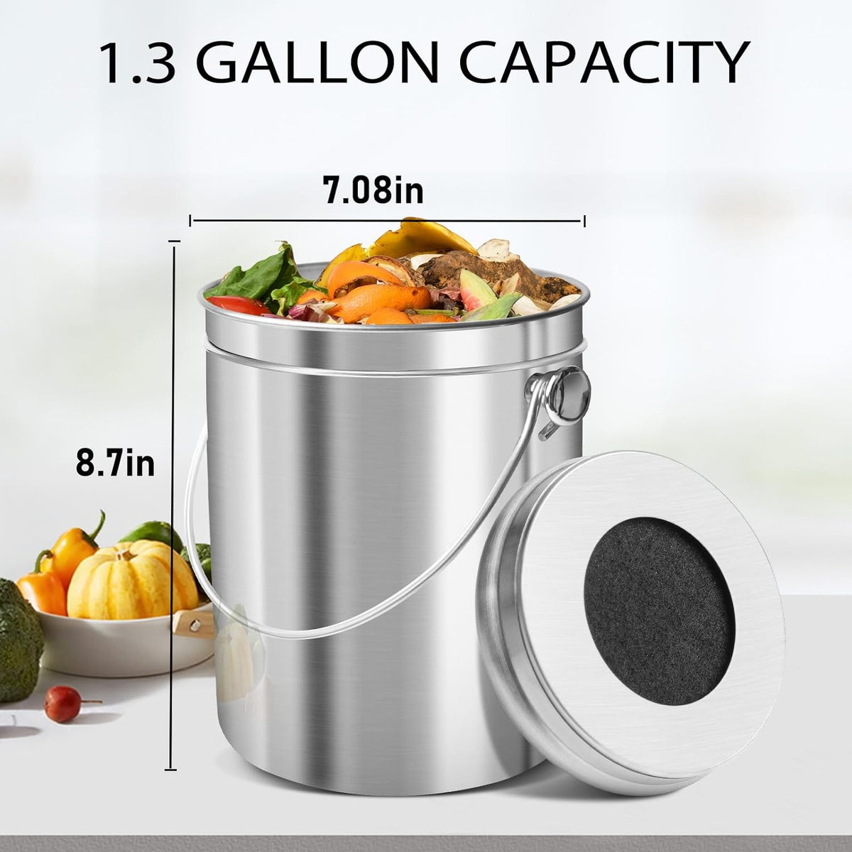 ENLOY Compost Bucket for Kitchen Countertop, 1.3 Gallon Stainless Steel Compost Bin Indoor with Lid, Odorless Food Waste Bucket with Charcoal Filter, Compost Pail for Kitchen with Carrying Handle