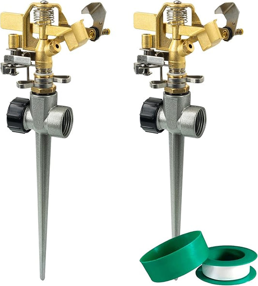 Hourleey 2 Pack Impact Lawn Sprinklers for Yard, Heavy Duty Water Sprinkler Head with Aluminum Alloy Spike Base, Adjustable Pulsating Sprinkler for Large Area Lawn Patio Garden