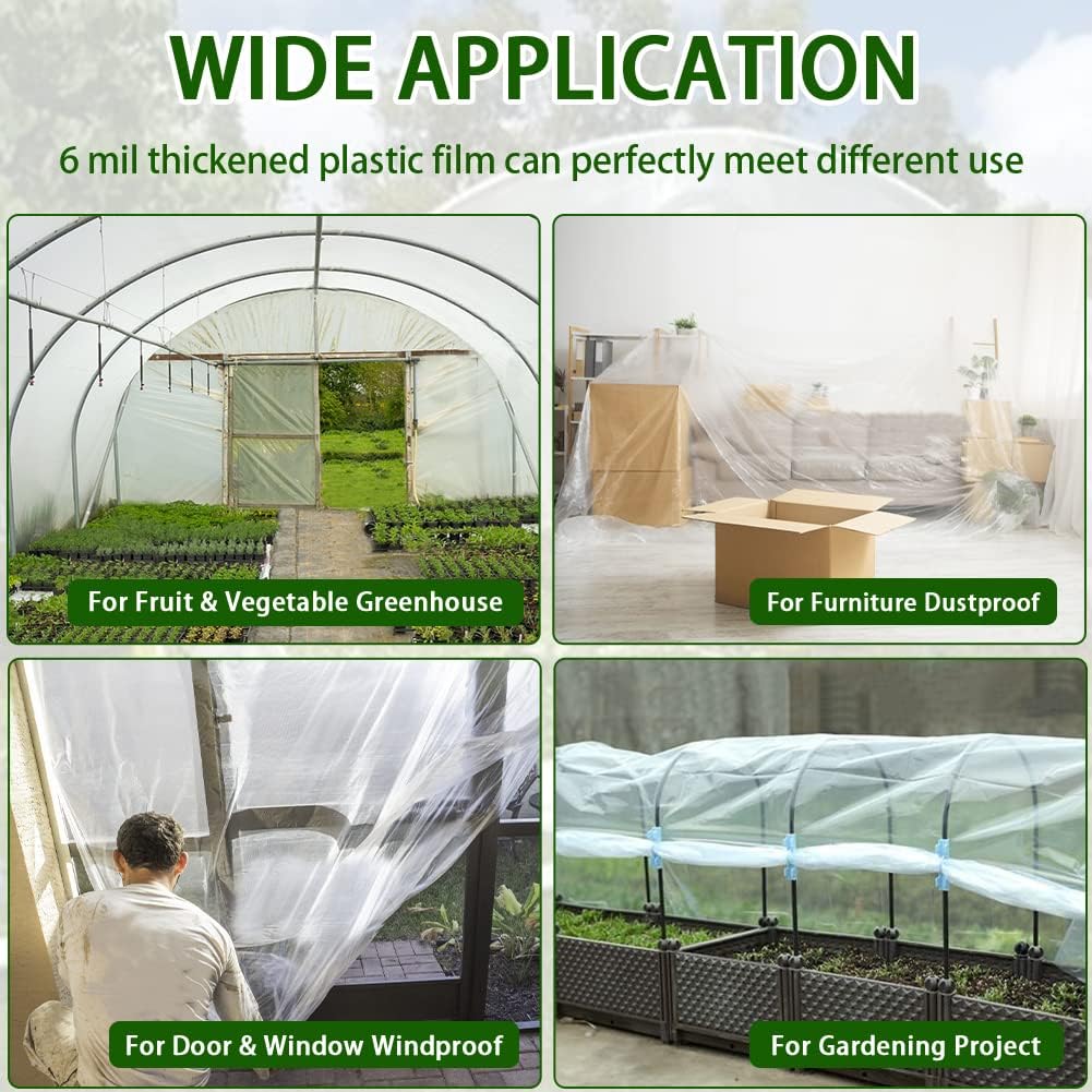 6 mil Greenhouse Plastic Film Sheeting Cover 25 x 40 Ft UV Resistant Clear Polyethylene Film Green House Hoop Farm Plastic Cover for Gardening, Farming, Agriculture