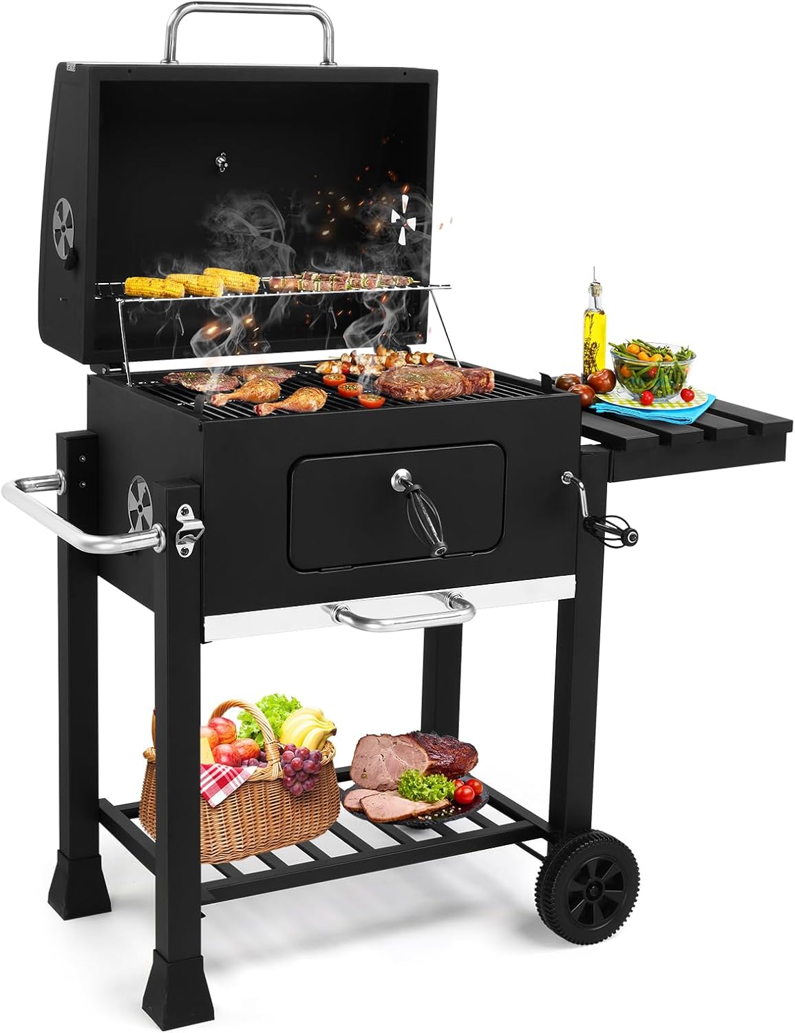 Outvita Large Barrel Charcoal BBQ Grills with 794 SQ.IN. Cooking Area, Outdoor Barbecue Grill with Adjustable Charcoal Tray & Foldable Side Table for Backyard Patio Picnic