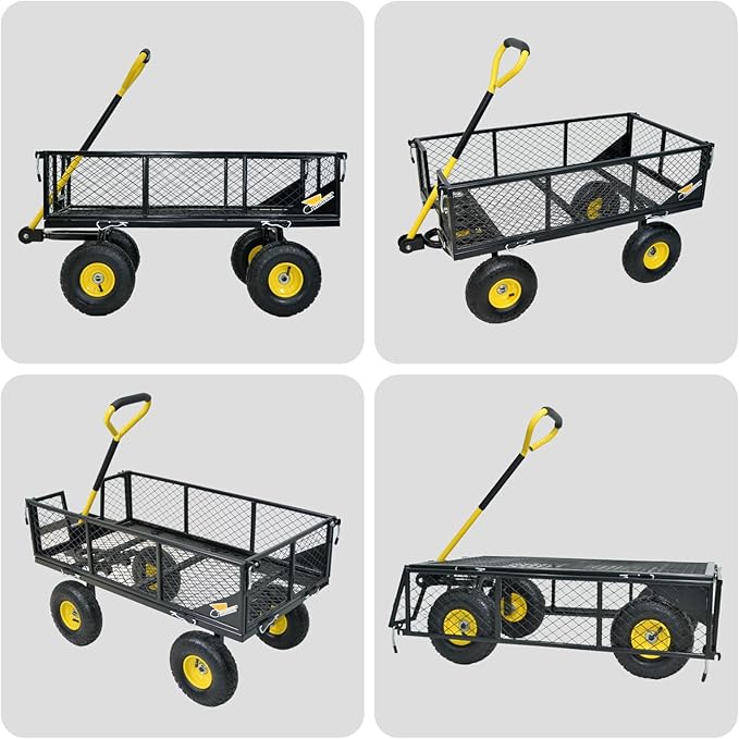 900 lbs Steel Garden Cart, Heavy Duty Yard Utility Wagon with 10" Pneumatic Tires, Removable Mesh Sides and 180° Rotating Anti-Slip Handle