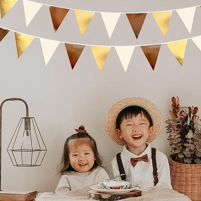 Brown Beige and Gold Party Decorations Fabric Triangle Pennant Banner Flag Bunting Garland for Boho Neutral Rustic Cowboy Western Teddy Bear Birthday Baby Shower Graduation Engagement Party Supplies