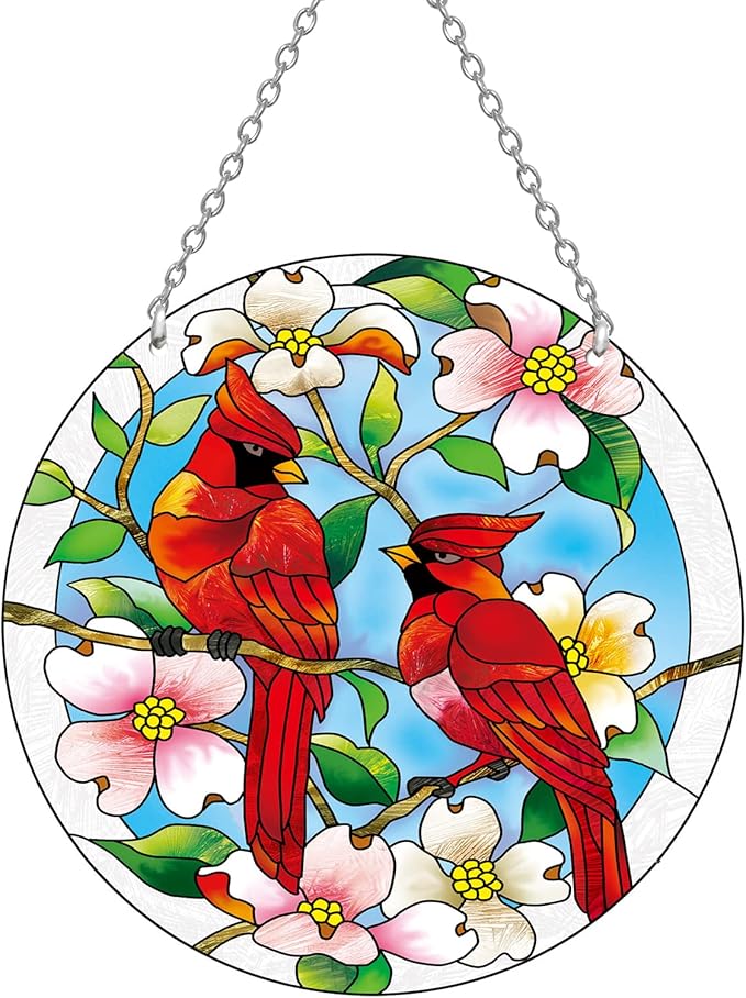 Cardinal Suncatcher Stained Glass, Cardinal Gifts for Women, Stained Glass Window Hanging - Red Birds Suncatchers for Windows, American Glass Hanging, Hand Painted Glass for Birds Lover (6inch)