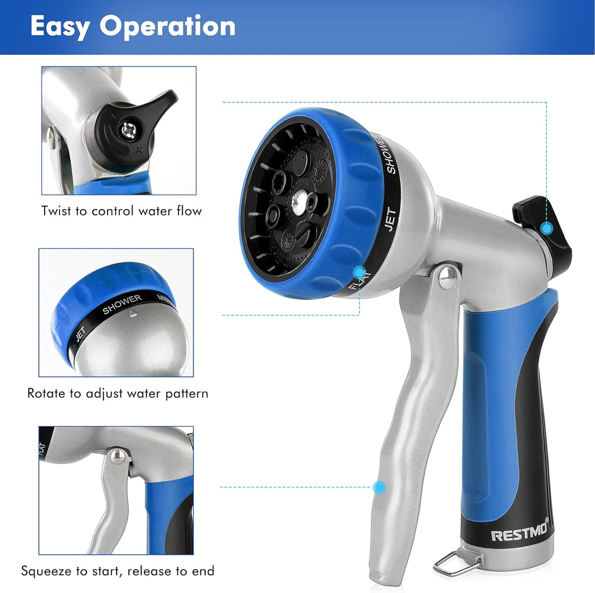 RESTMO Garden Hose Nozzle, Heavy Duty Metal Water Hose Nozzle with 7 Adjustable Spray Patterns, High Pressure Hand Sprayer with Flow Control, Best for Watering Plant & Lawn, Washing Car & Pet, Blue