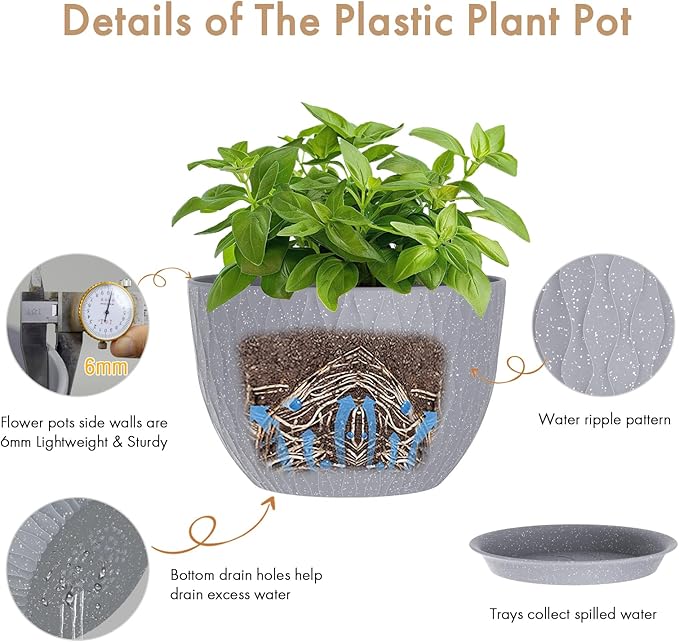 12 Inch Wide Water Ripples Flower Pots for Indoor or Outdoor Plants, Large Plant Pots with Drainage Holes & Saucer, Plastic Planters Set for Garden & Home Decor (Grey with White Speckles)