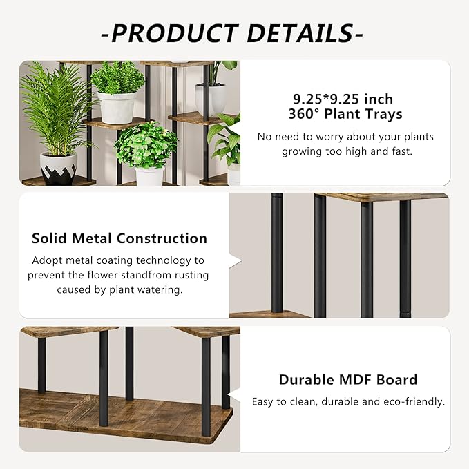 AZERPIAN Plant Stand 9 Tier Indoor Metal Flower Shelf for Multiple Plants Corner Tall Flower Holders for Patio Garden Living Room Balcony Bedroom, Black+Rustic Brown
