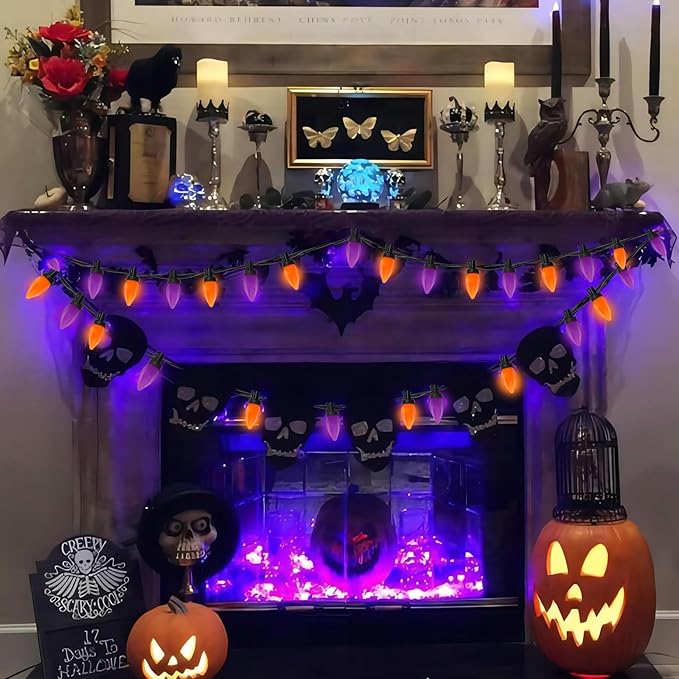 26FT LED Halloween Lights Outdoor, C7 Orange and Purple Halloween Stirng Lights with 50 LED Bulbs, Plug-in Outdoor Halloween Decorations Lights Waterproof for Halloween Patio Outdoor Party Yard Garden