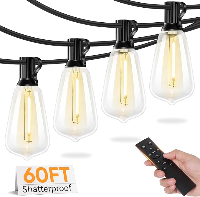 Brightever LED Outdoor String Lights with Remote, 60FT Patio Lights Outdoor Waterproof with 19 Shatterproof ST38 LED Edison Bulbs, 3 Modes 2 Timer Dimmable String Lights for Outside, Low Voltage 24V