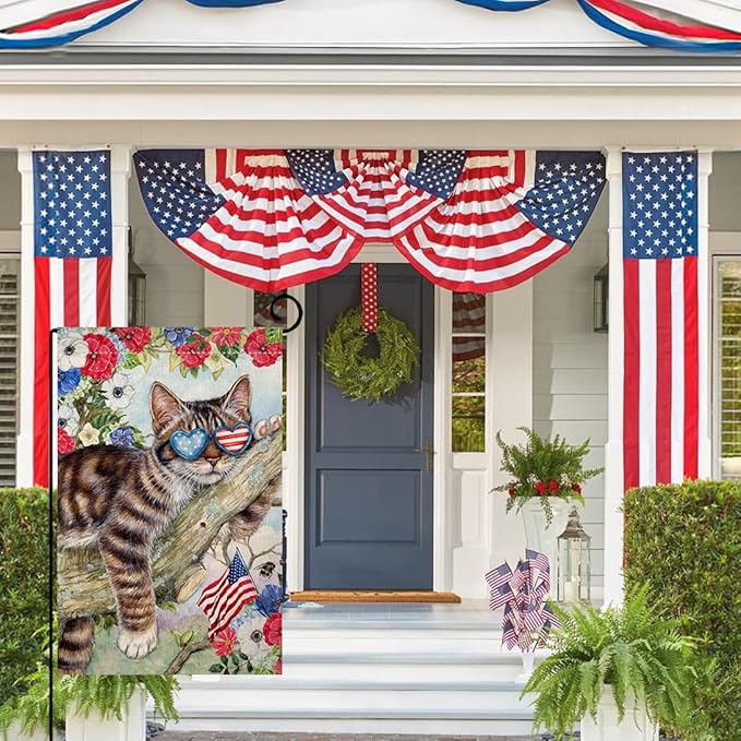 BLKWHT 4th of July Cat Garden Flag 12x18 Vertical Double Sided Red Blue Floral Memorial Day Independence Day Holiday Outside Decorations Burlap Yard Flag BW823
