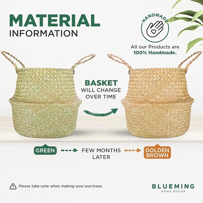 Basket Planter – Seagrass Plant Pot for Artificial Olive Tree, Decorative 6-7 Inch Indoor Wicker Pot with Handles (Original, Small)
