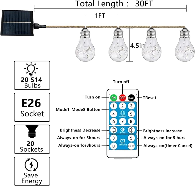 30FT Solar String Lights Outdoor Waterproof with Remote, 20 Edison Shatterproof Bulbs String Lights for Outside, Hemp Rope Solar Powered Lights with 8 Modes for Fence Tree Cafe Bistro Party