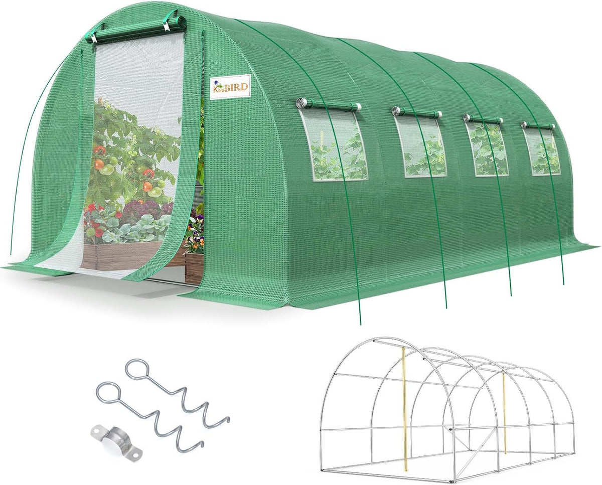 KING BIRD Premium 20x10x6.6FT Greenhouse for Outdoors, Large Walk-in Heavy Duty Galvanized Steel Frame, Mesh Door Screen Window Upgraded Zipper Tunnel Hoop for Garden Plant Winter, Green