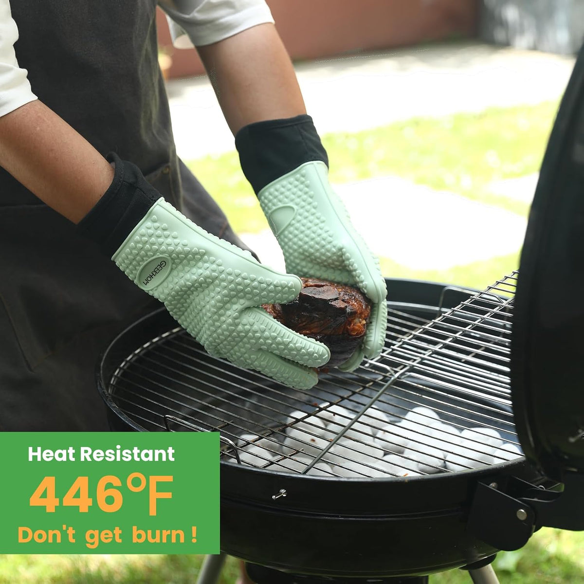 GEEKHOM BBQ Gloves Heat Resistant Oven Mitts - Silicone Grilling Gloves with 14" Long Arm Protection - Waterproof Pot Holder Non-Slip for Men & Women, Kitchen Cooking, Baking, Camping, Mint Green