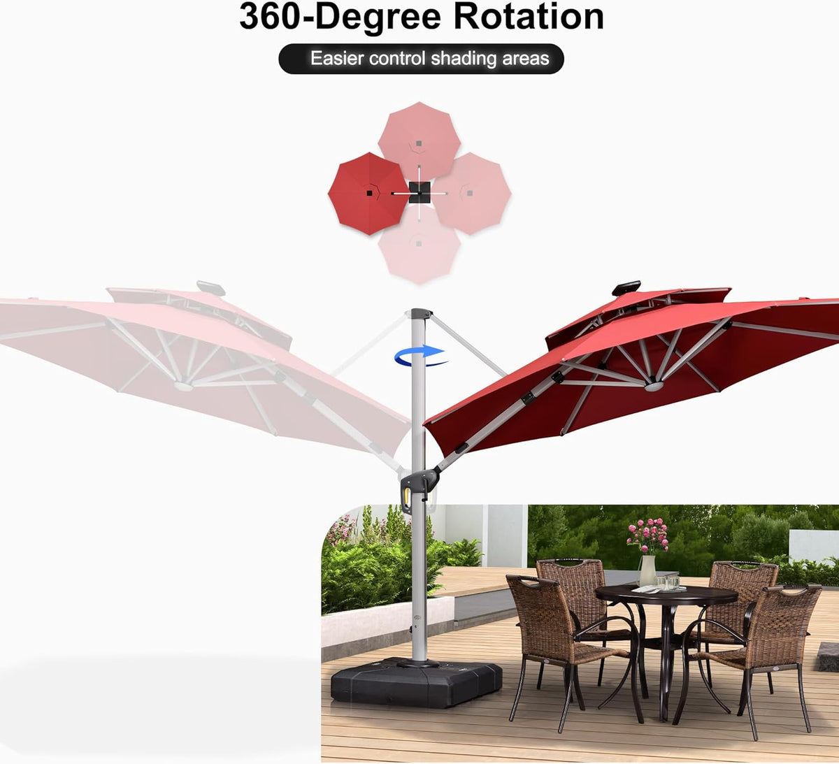 PURPLE LEAF 10ft Solar powered LED Patio Umbrella Outdoor Round Umbrellas Large Cantilever Umbrella with LED lights Windproof Offset Umbrellas Heavy Duty Sun Umbrella for Garden Deck Pool Patio, Terra
