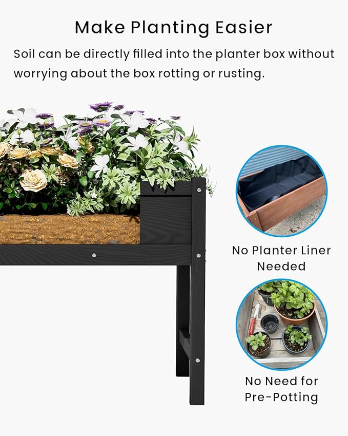 HDPE Raised Garden Bed with Legs, Outdoor Weather-Resistant Elevated Planter Box Stand for Seeds, Herbs, Flowers, Vegetables (Black)