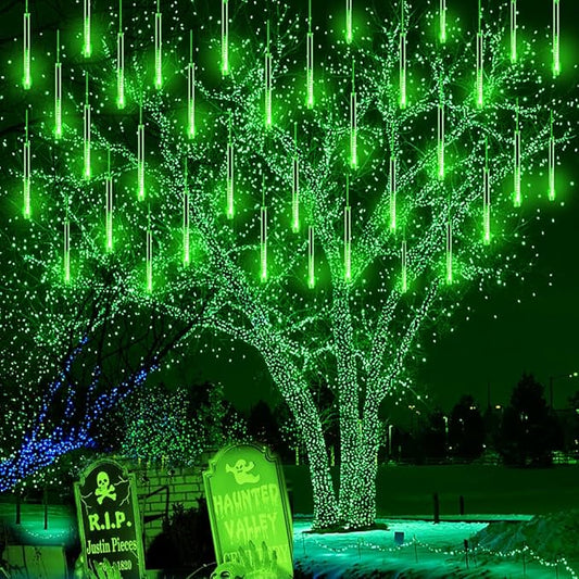 Green Christmas Lights Outdoor, 16 Inch Meteor Shower Lights for Halloween St Patricks Day Decorations, Green Icicle Lights for Outside Tree Holiday Porch Roof Yard Garden Decor
