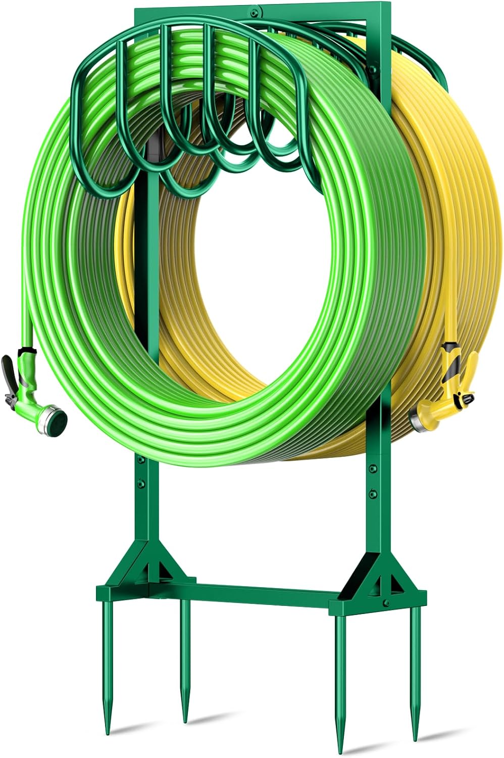 Garden Water Hose Holder Holds 2 * 150Ft Hoses, Heavy-Duty Metal Freestanding Hose Holder with 4 Spikes, Rustproof Garden Hose Hanger Storage for Outside, Yard, Lawn