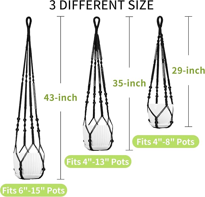 3 Pack Macrame Plant Hanger - 43"/35"/29" Different Sizes, Hanging Planter Basket Flower Pot Holder for Indoor Outdoor, with Wood Beads, Boho Home Decor, Black (POTS NOT Included)