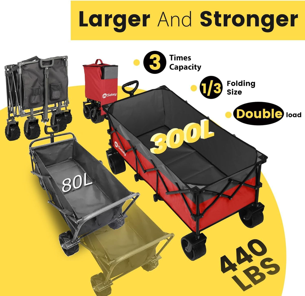 Sekey 48''L Collapsible Foldable Extended Wagon with 440lbs Weight Capacity, Heavy Duty 300L Folding Utility Garden Cart with Big All-Terrain Beach Wheels & Drink Holders. Red&Grey