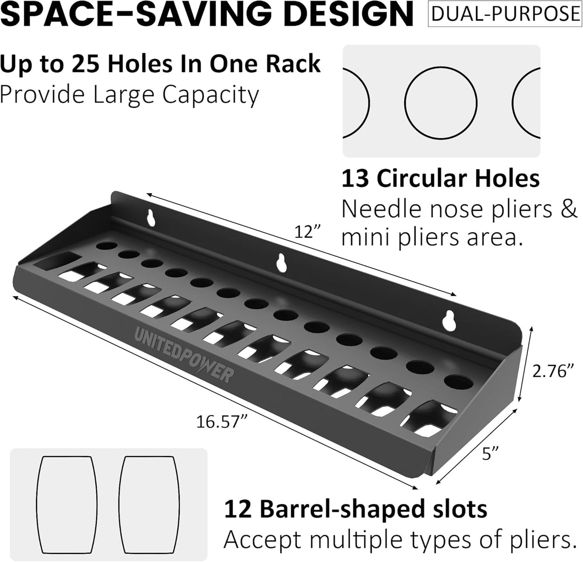 UNITEDPOWER Pliers Holder, Wall Mount Storage Rack Organizer for Workshop, Shed, Garage, Home, Stores up to 12 Pliers or Small Tools