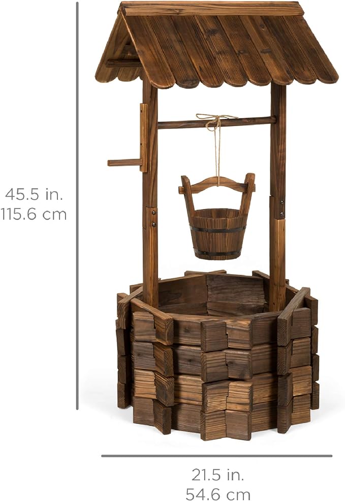 Best Choice Products Rustic Wooden Wishing Well Planter Outdoor Home Décor for Patio, Garden, Yard w/Hanging Bucket