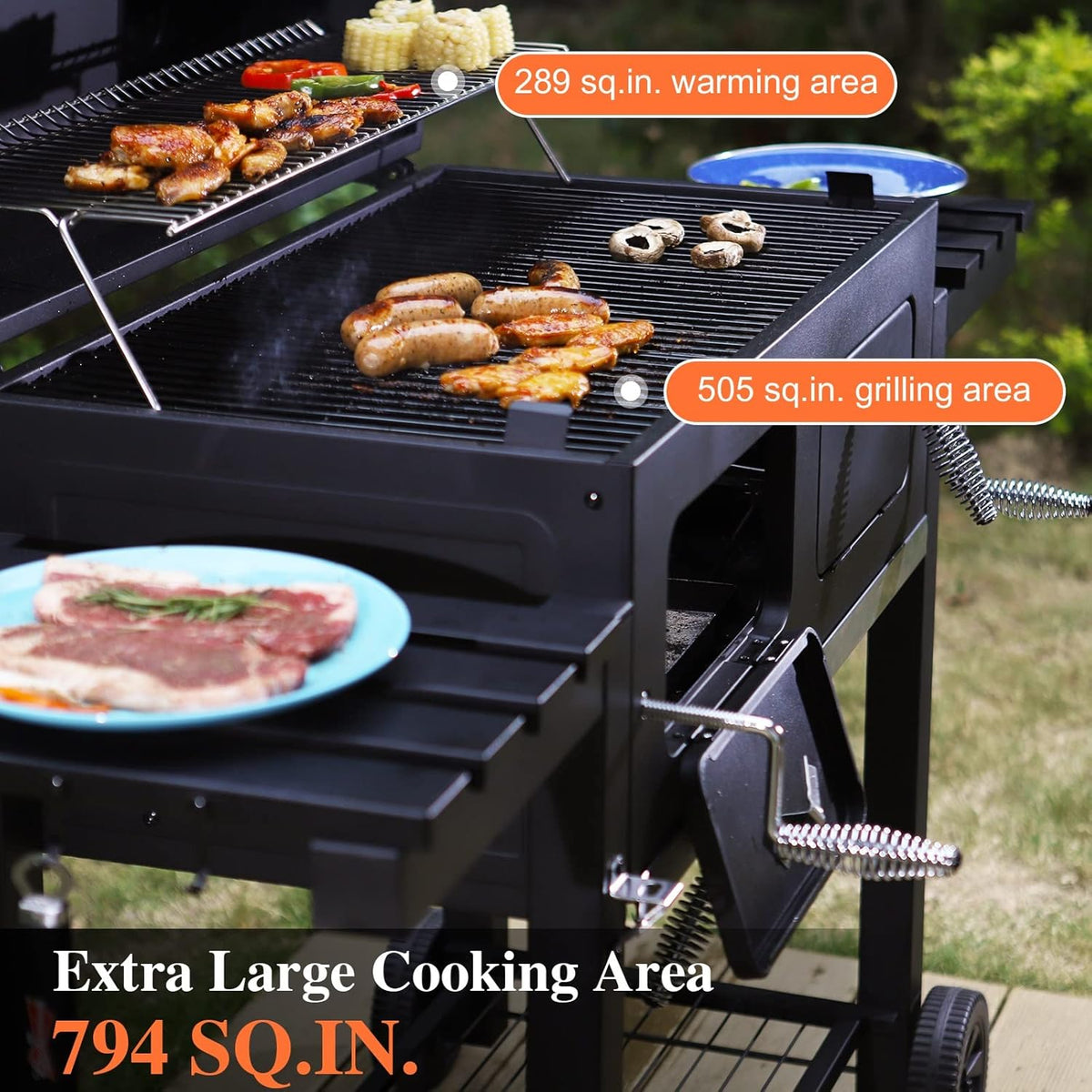 Sophia & William Extra Large Charcoal BBQ Grills with 794 SQ.IN. Cooking Area, Heavy Duty Outdoor Barbecue Grill with 2 Individual Lifting Charcoal Tray and 2 Foldable Side Table, Black