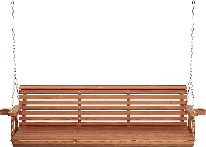 Amish Casual 6 Foot Roll Back Porch Swing with Cup Holders in Cedar Stain - Amish Made in The USA from Treated Pine Heavy Duty 700 Lb. Weight Capacity