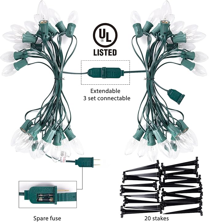 Christmas Pathway String Lights Outdoor - 25.7 Ft. C9 20 Clear Lights with 20 Stakes Connectable Waterproof for Indoor Xmas Party Holiday Commercial Decoration, Warm White
