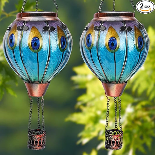 2PCS Solar Hot Air Balloon Lanterns with Flame with Shepherd's Hooks, Glass Hanging Flickering Lights Outdoor Waterproof for Garden Tree Yard Patio Mother's Day Gift, 18" H Peacock-Blue