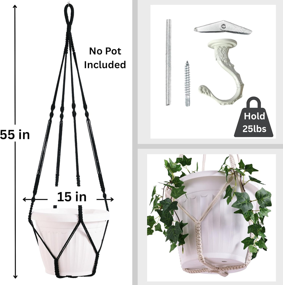 Giant XXL 55 Inches Macrame Planter Hanger Large for 15 inch Pot + Swag Hook | Extra Large Hanging Planter for Indoor Plants | No Pot/Plant Included (XXL Black)