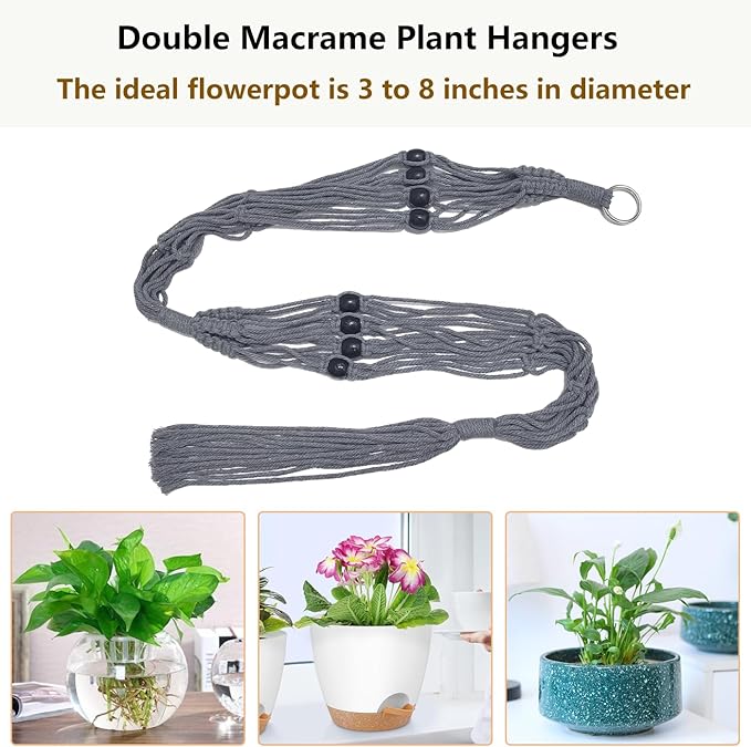 Belit 2 Pack Double Macrame Plant Hangers 2 Tier Hanging Planter Basket Decorative Flower Pot Holder Rope for Indoor Outdoor Home Decor 51 Inch, Grey