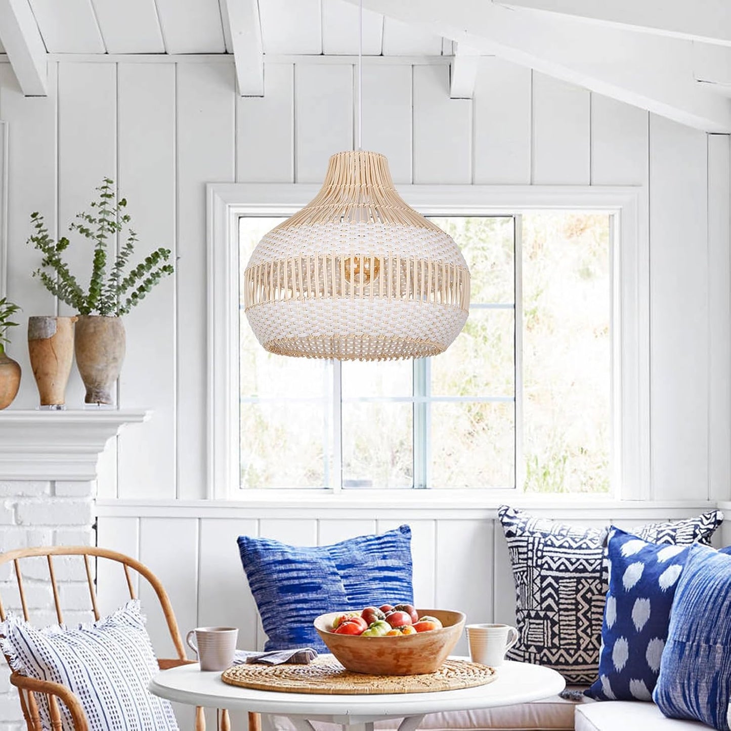 Arturesthome Rattan Chandelier for Kitchen Island,15.72" White Boho Woven Basket Pendant Light,Handmade Wicker Hanging Light for Living Room,Bedroom