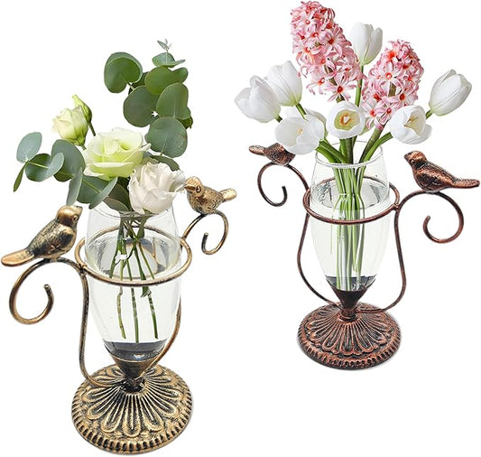 2 Pack Desktop Plant Terrarium,Bird Art Glass Propagation Vase, Propagation Planters with Vintage Metal Frame, Suitable for Decoration of Desktop Hydroponic Plants in Office and Living Room