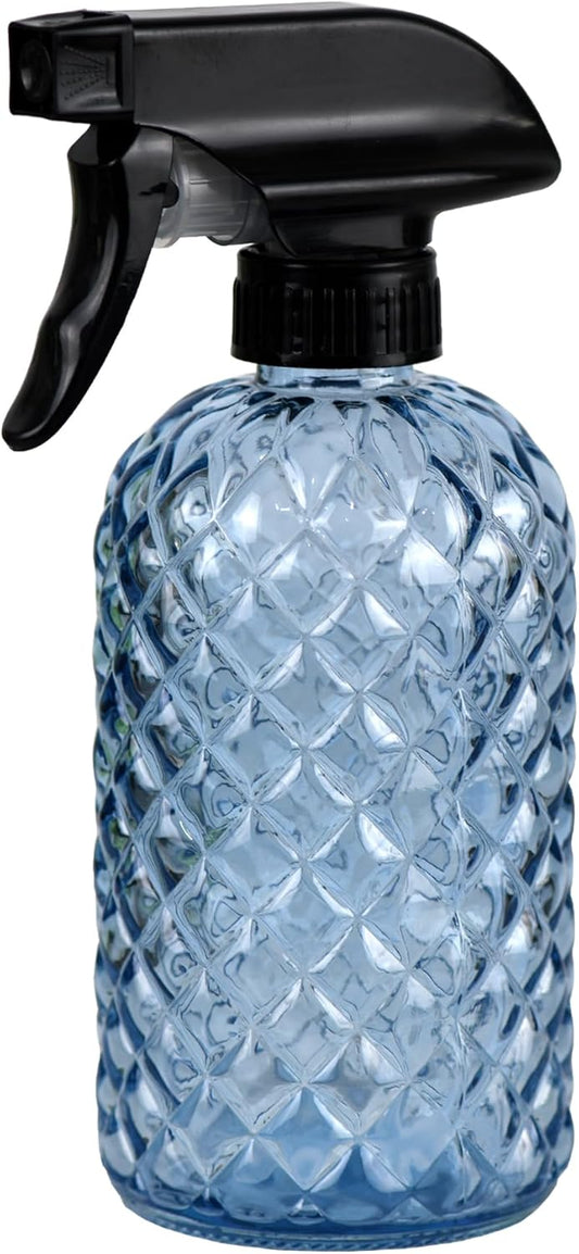 12Oz Glass Plant Spray Bottle, Gem Pattern Glass Sprayer, Watering Can with Black Plastic Top Pump, Handheld Watering Can for Indoor Outdoor Potted Plants and Greenery (Blue)
